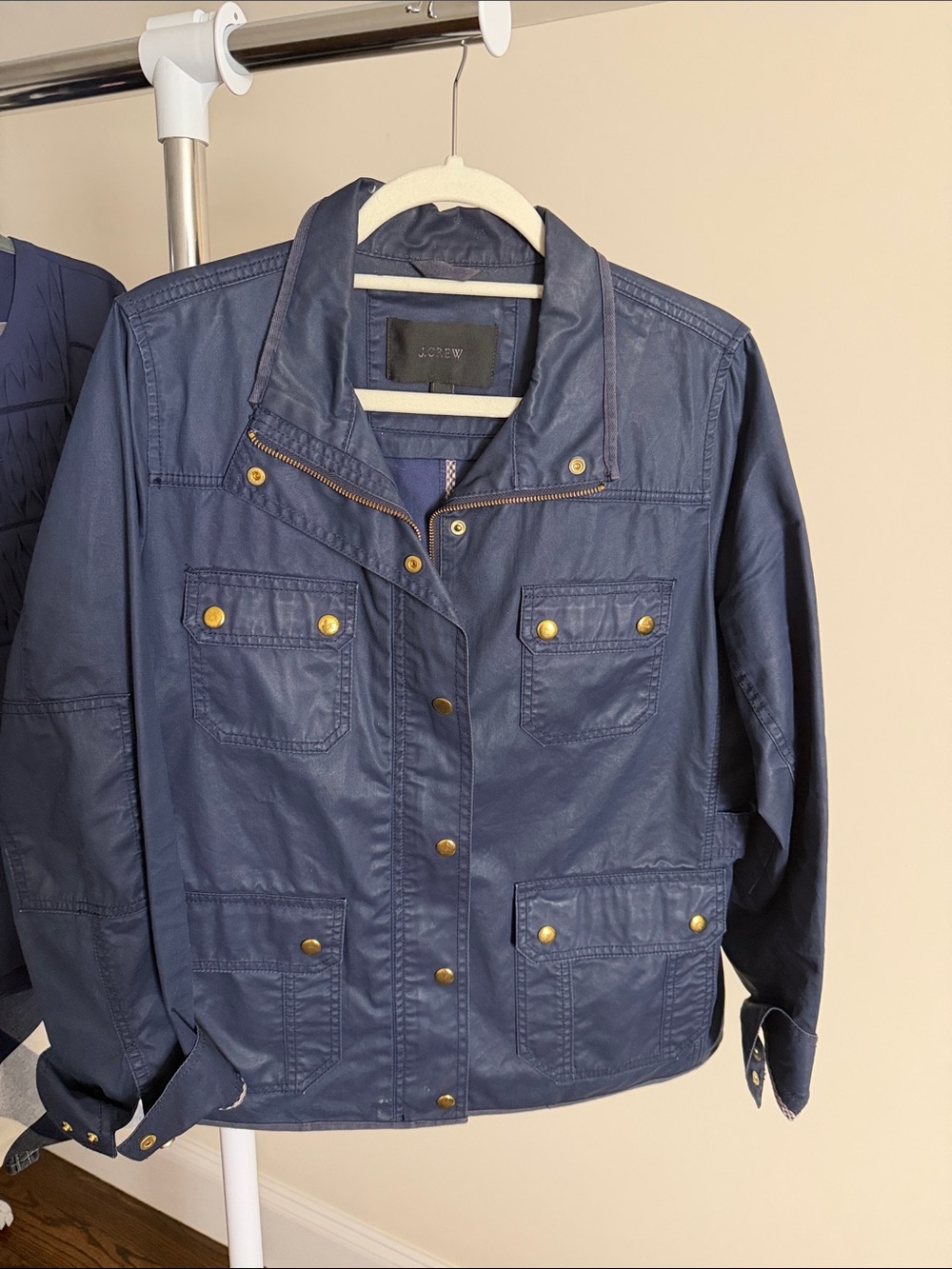 J. Crew Navy Waxed Cotton Canvas Jacket with Gold Hardware